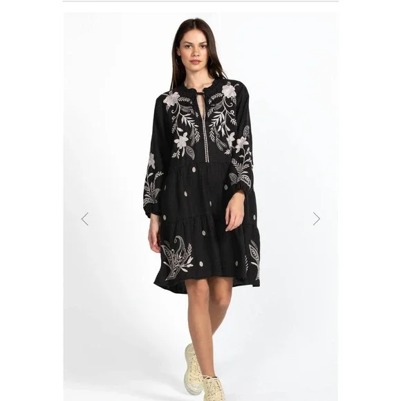 Johnny Was Black Linen Embroidered Frankie Tiered Field Dress Bird Boho Large - Picture 15 of 15